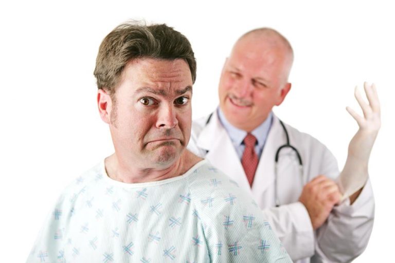 Doctor having a hard time discussing rules before colonoscopy procedure to a patient that is not willing to listen